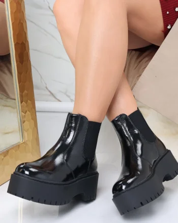 Botine Dama Imblanite Negre din Piele Ecologica Lcuita Ivona