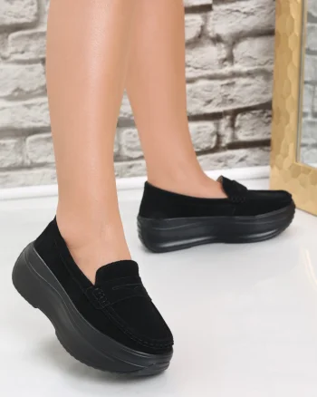 Pantofi dama cu platforma Negri din Piele Naturala intoarsa Alunsa