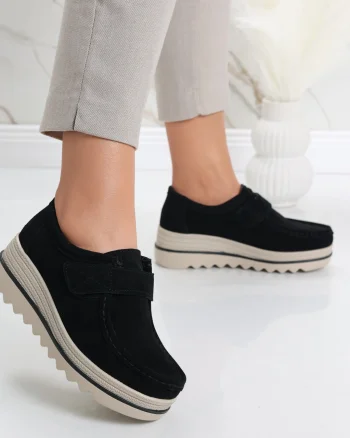Pantofi dama cu platforma Negri din Piele Naturala Intoarsa Anera