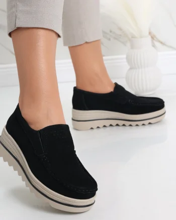 Pantofi dama cu platforma Negri din Piele Naturala Intoarsa Gabrena