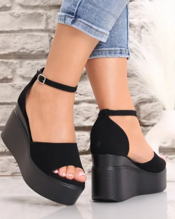 Sandale dama cu platforma Negre din Piele Ecologica Intoarsa Octaia