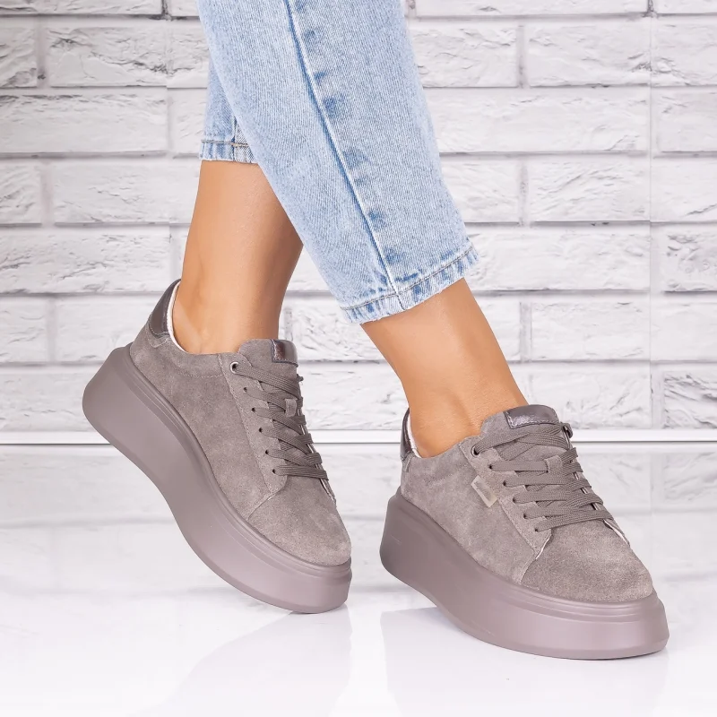 Pantofi dama casual kaki din Piele Naturala Intoarsa Alersa