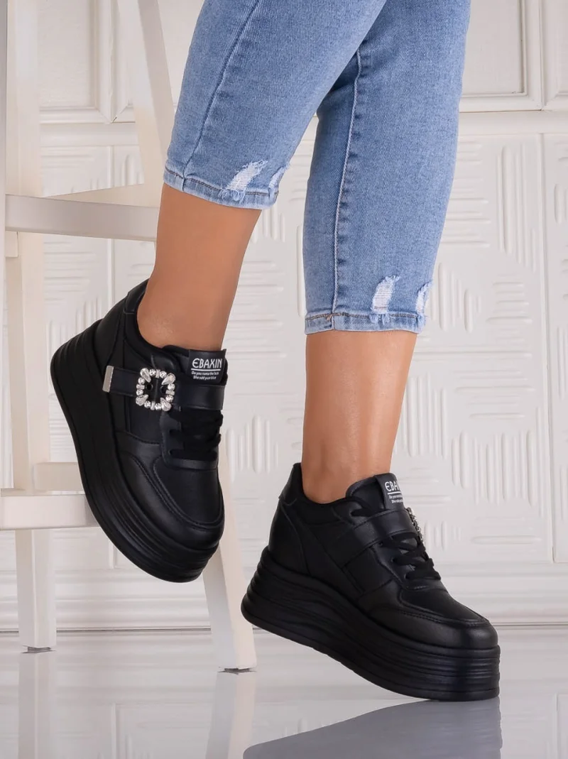 Sneakers dama cu platforma Negri din Piele Ecologica Alorna
