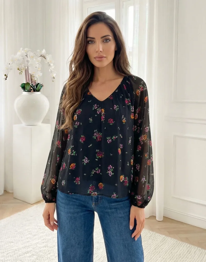 Bluza neagra vaporoasa cu imprim...
