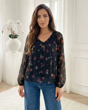 Bluza neagra vaporoasa cu imprim...