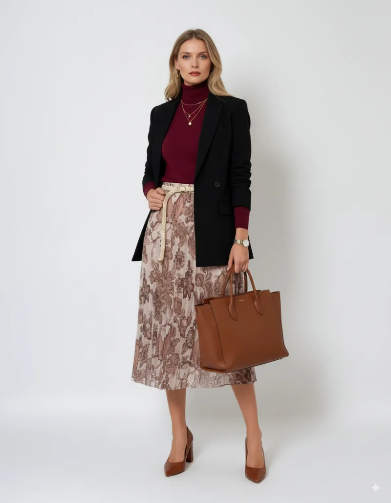 Fustă lungă plisată cu curea și print floral beige - Unica S-L