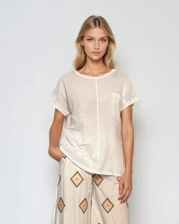 Tricou din in cu buzunar pe partea stângă alb - Unica S-L