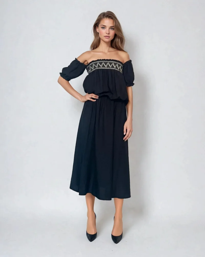 Rochie cu elastic în talie și bust, purtată pe umeri negru - Unica S-L
