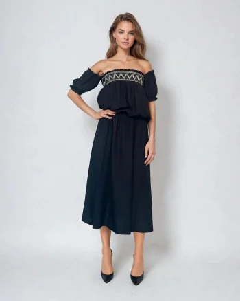 Rochie cu elastic în talie și bust, purtată pe umeri negru - Unica S-L