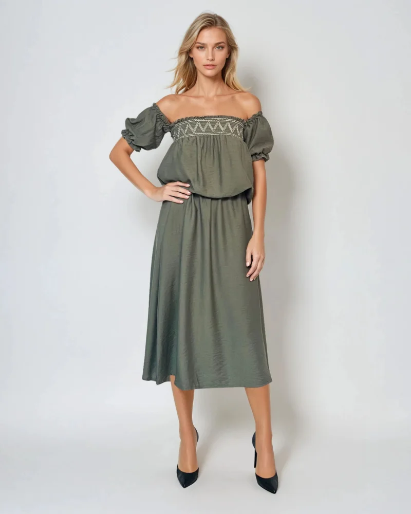 Rochie cu elastic în talie și bust, purtată pe umeri kaki - Unica S-L