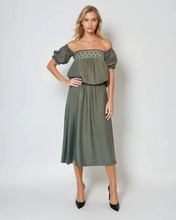 Rochie cu elastic în talie și bust, purtată pe umeri kaki - Unica S-L
