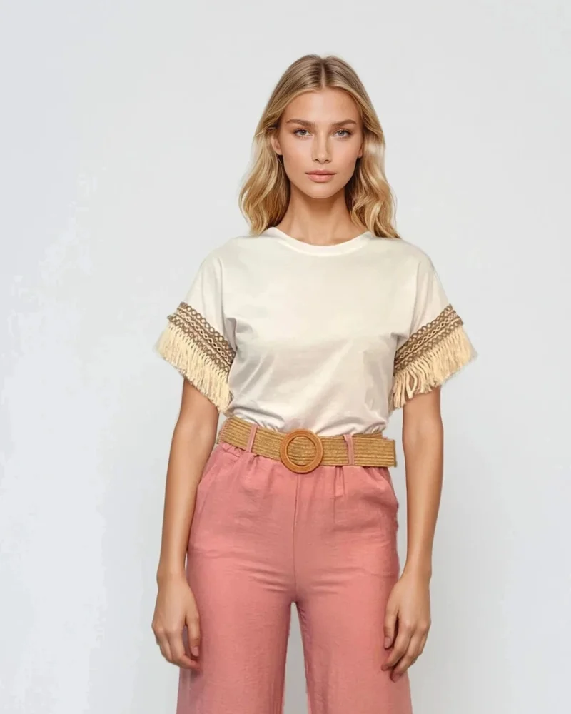 Tricou cu franjuri la mânecă alb - Unica S-L