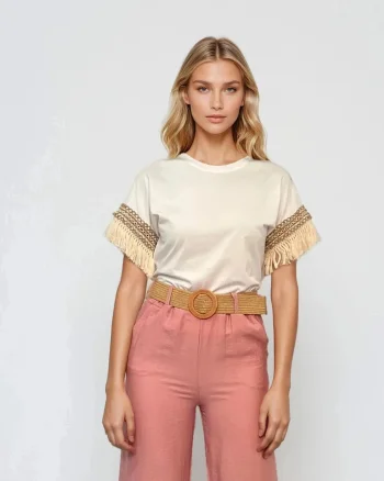 Tricou cu franjuri la mânecă alb - Unica S-L