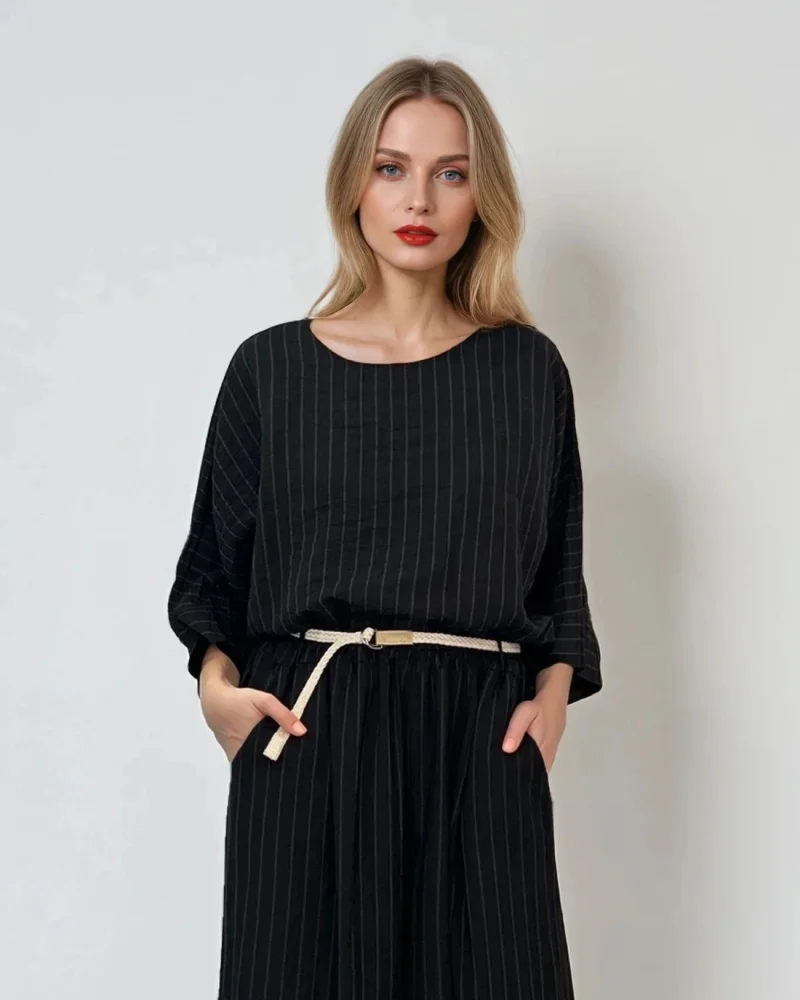 Bluză cu mânecă fluture și dungi negru - Unica S-L