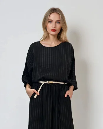 Bluză cu mânecă fluture și dungi negru - Unica S-L