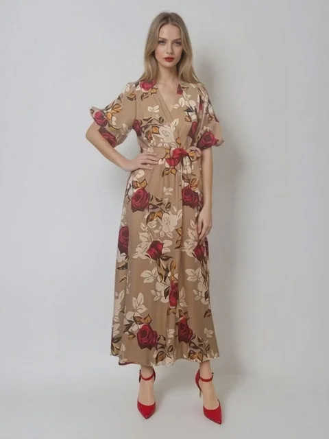 Rochie lunga parte peste parte print floral beige - Unica S-L