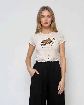 Tricou alb mulat cu print ursuleț alb - Unica S-L