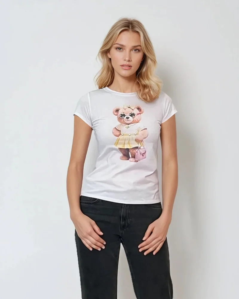 Tricou mulat din bumbac cu print ursuleț roz alb - Unica S-L