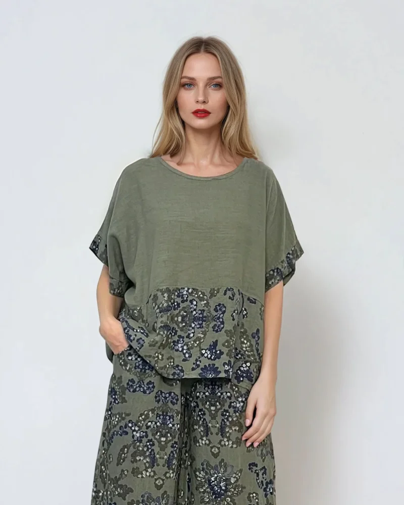 Bluza largă din in cu mânecă fluture și print floral kaki - Unica S-L