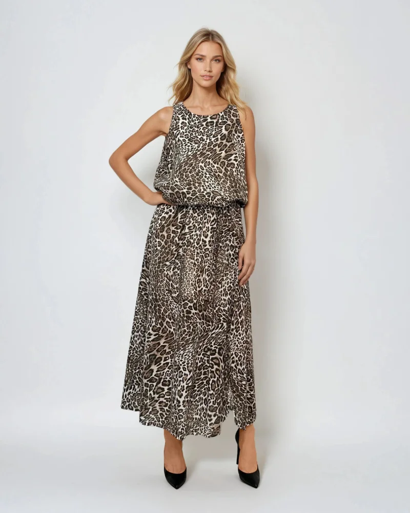 Compleu maieu și fustă largă animal print cu crăpătură animal print - Unica S-L