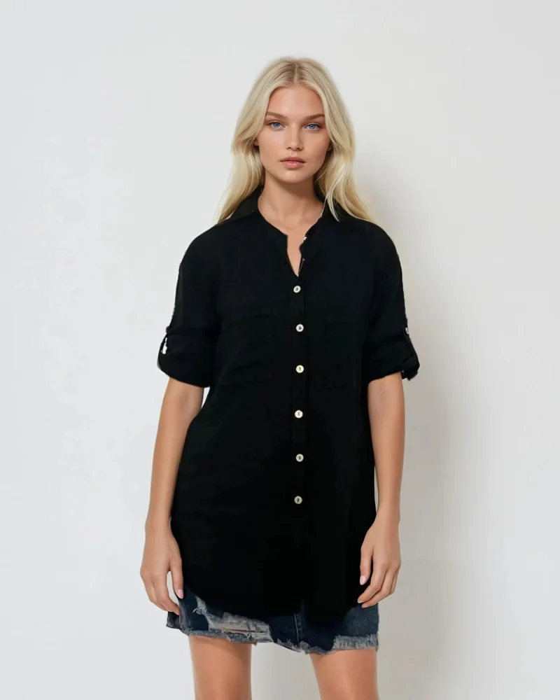 Cămașă din in cu guler tunică și broderie fluture negru - Unica S-L
