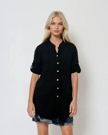 Cămașă din in cu guler tunică și broderie fluture negru - Unica S-L