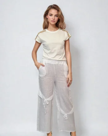 Pantaloni in cu legatura pe picior-Alb - Unica S-L
