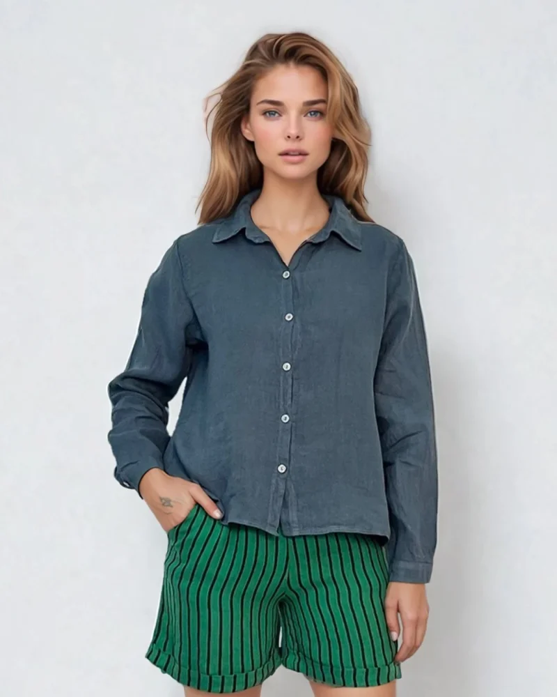 Cămașă largă cu pense pe spate grej albastru jeans - Unica S-L