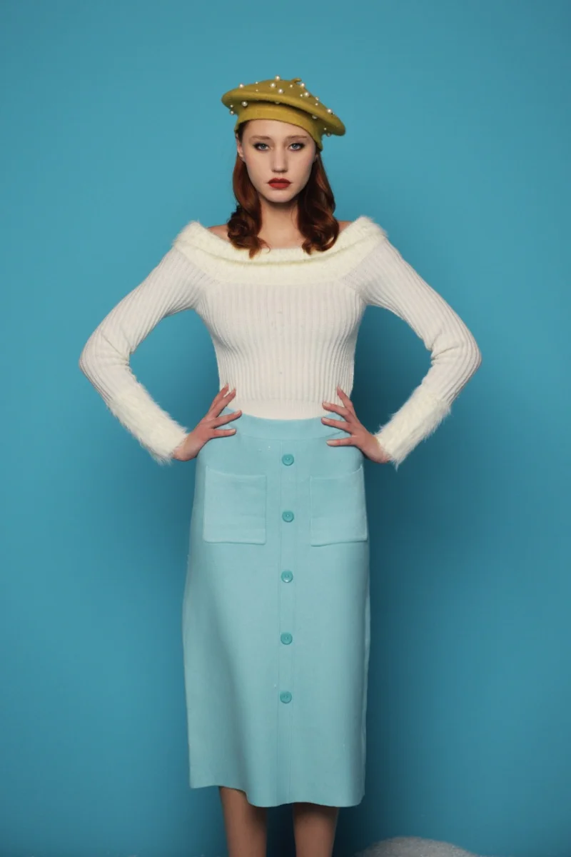 Fustă midi tricotată cu buzunare aqua - Unica S-L