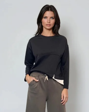 Bluză cu mânecă lungă cu insertie albă negru - Unica S-L