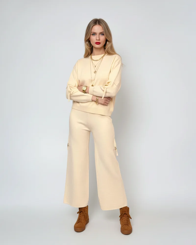Compleu tricotat casual cu cataramă la buzunare crem - Unica S-L