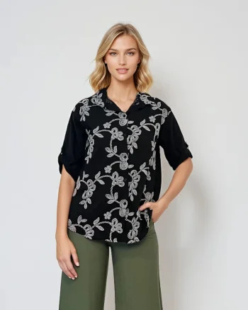 Cămașă cu broderie flori negru - Unica S-L