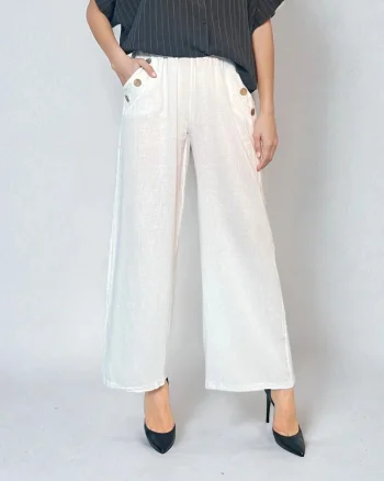 Pantaloni lungi din in cu nasturi decorativi pe buzunare alb - Unica S-L