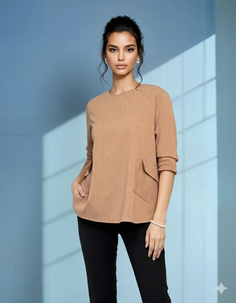 Bluză largă office din mix de vâscoză cu clapete decorative beige - Unica S-L
