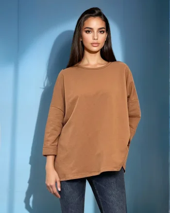 Bluză largă din bumbac cu mânecă 3/4 beige - Unica S-L