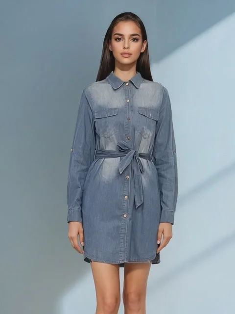 Rochie jeans stil cămașă cu cordon și mânecă lungă albastru-jeans - S