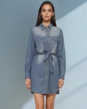 Rochie jeans stil cămașă cu cordon și mânecă lungă albastru-jeans - S