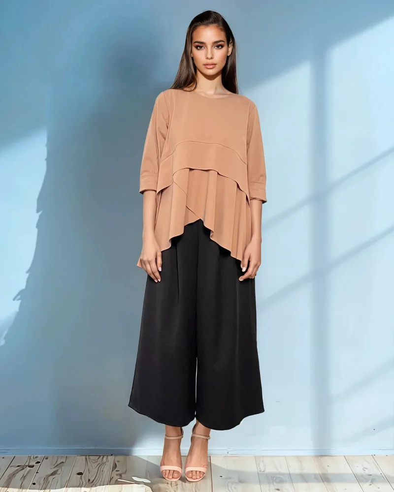 Bluză asimetrică cu volan parte peste parte și mâneci 3/4 beige - Unica S-L