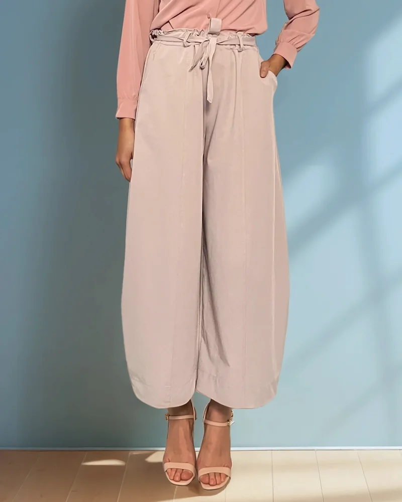 Pantaloni largi cu dungă și cordon crem - Unica S-L