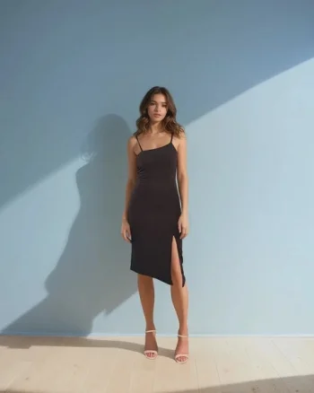 Rochie asimetrică cu bretele subțiri și slit pe picior negru - XS