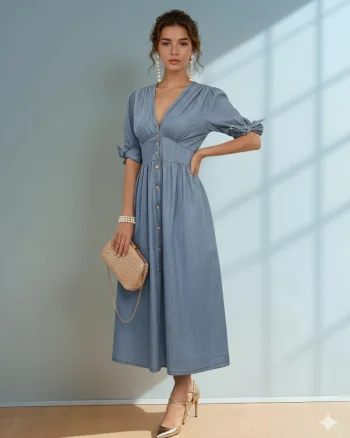 Rochie lungă jeans cu fundă la mânecă și decolteu albastru-jeans - S