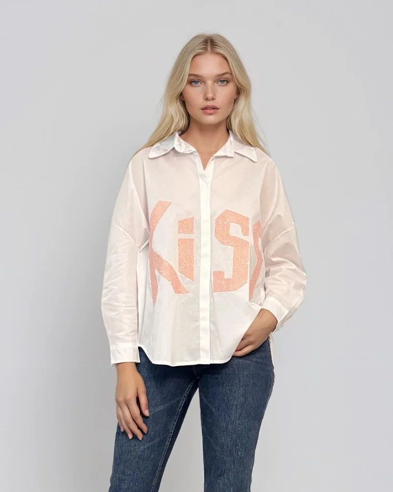 Cămașă din bumbac oversize cu broderie KISS alb - Unica S-L