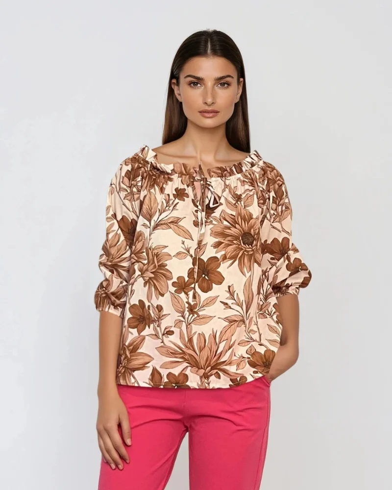 Bluză din bumbac imprimată floral maro - Unica S-L