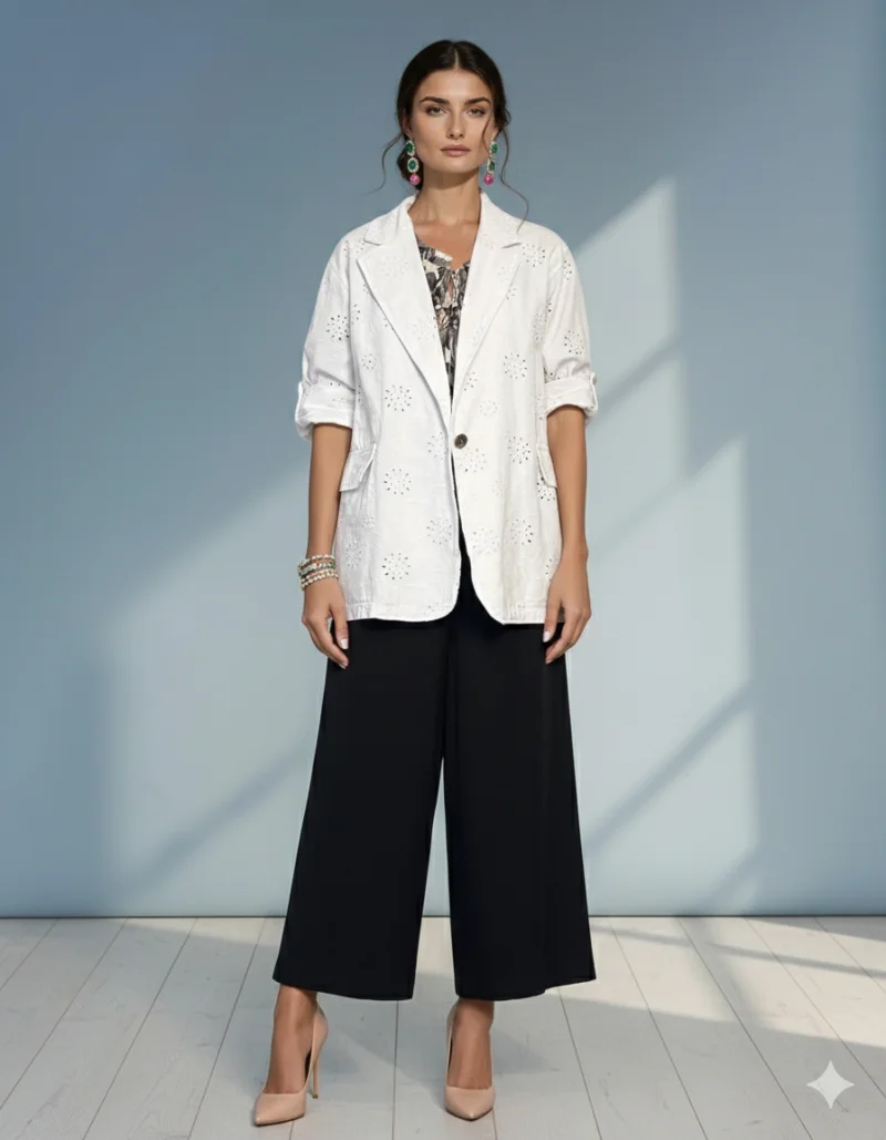 Sacou din bumbac oversized cu broderie spartă florală alb - Unica S-L