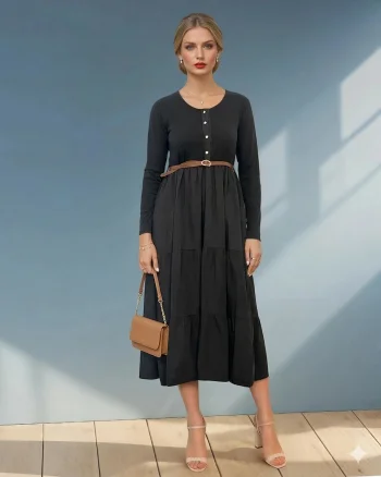 Rochie lungă cu bust din bumbac și curea în talie negru - Unica S-L