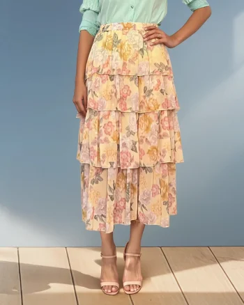 Fustă lungă cu volane și print floral galben - Unica S-L