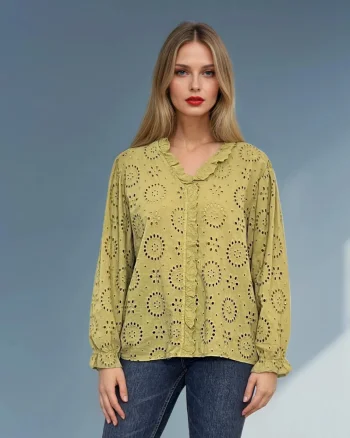Bluză cu broderie spartă și volan la guler vernil - Unica S-L