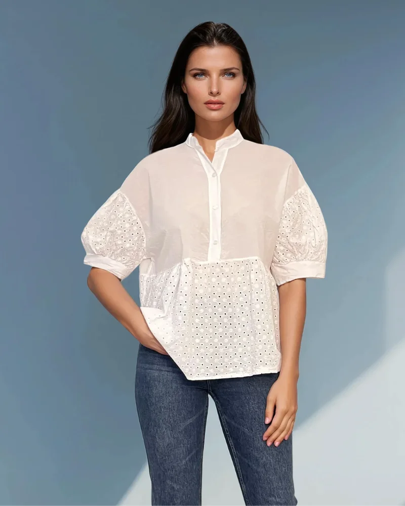 Bluza guler tunică și broderie alb - Unica S-L