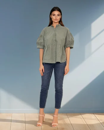 Bluza guler tunică și broderie kaki - Unica S-L