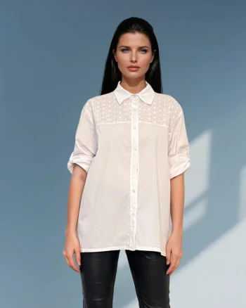 Cămașă largă cu broderie față și spate alb - Unica (XL-3XL)